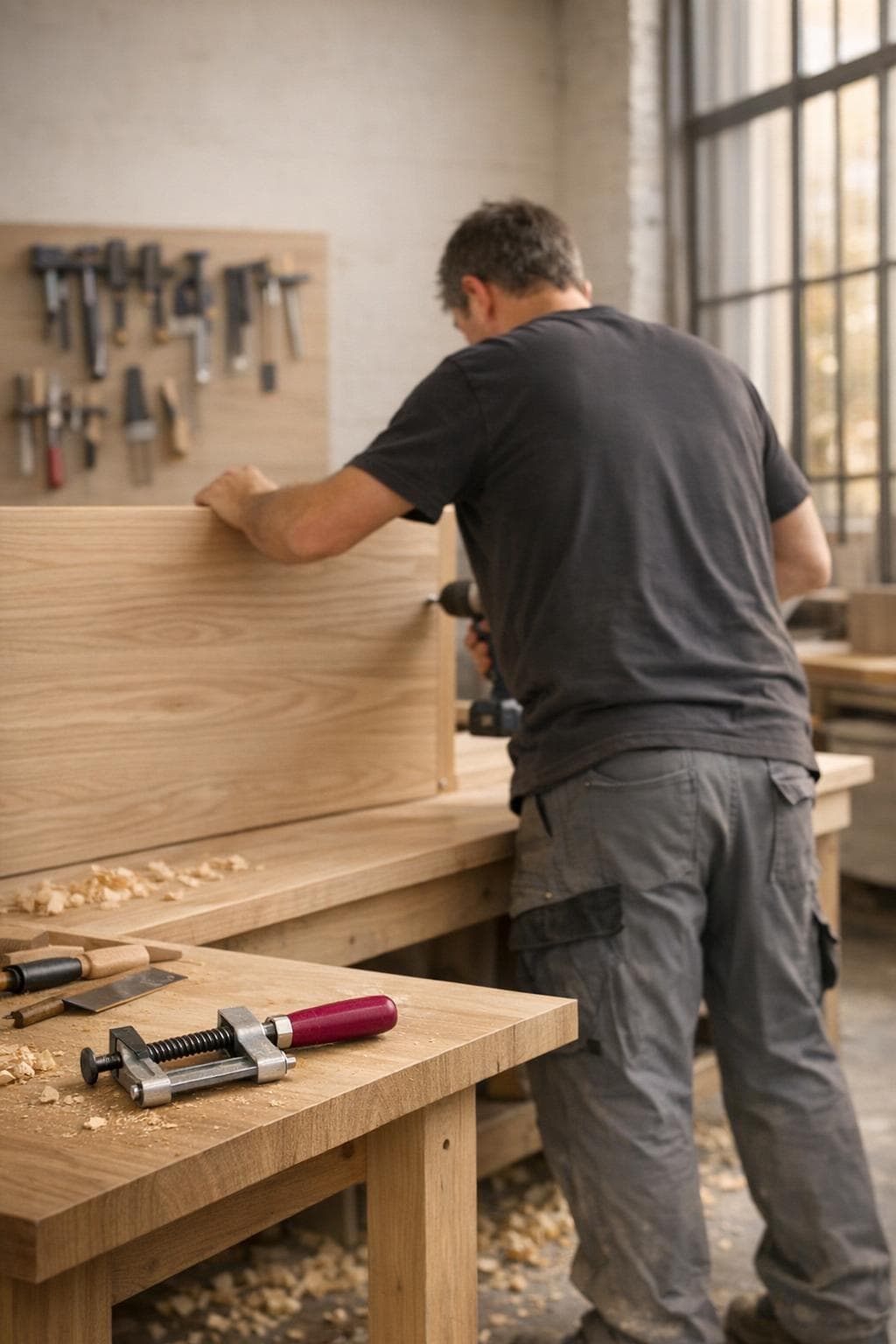 Atelier du partenaire de production : fabrication d’un stand, lumière naturelle