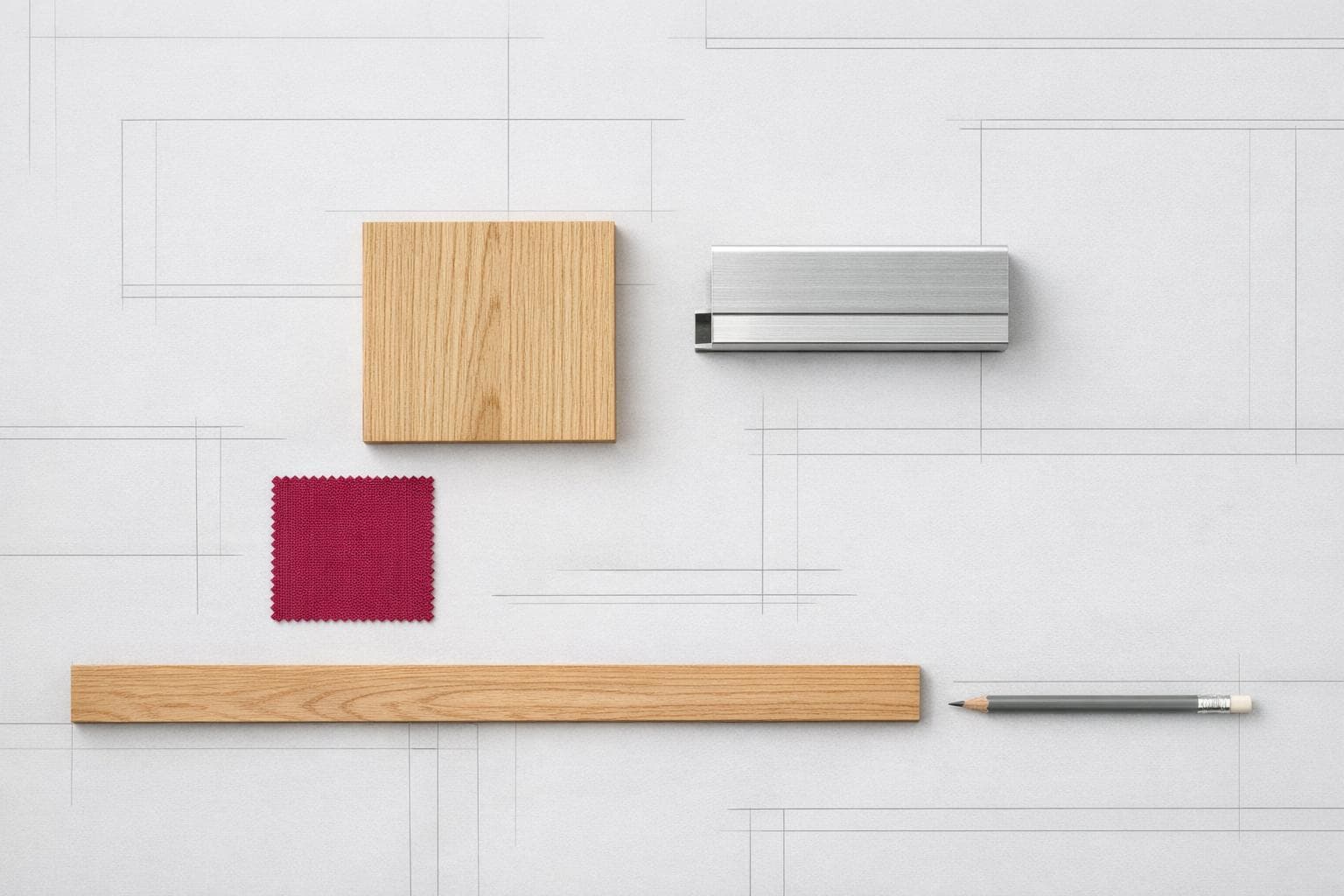 Table de travail vue de dessus : plans muets, échantillons bois et aluminium, tissu magenta