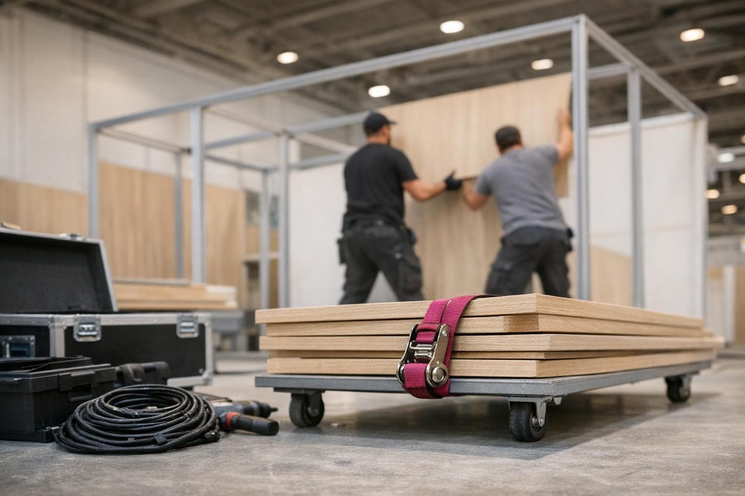 Montage d’un stand au petit matin : ossature aluminium, panneaux sur chariot, flight cases