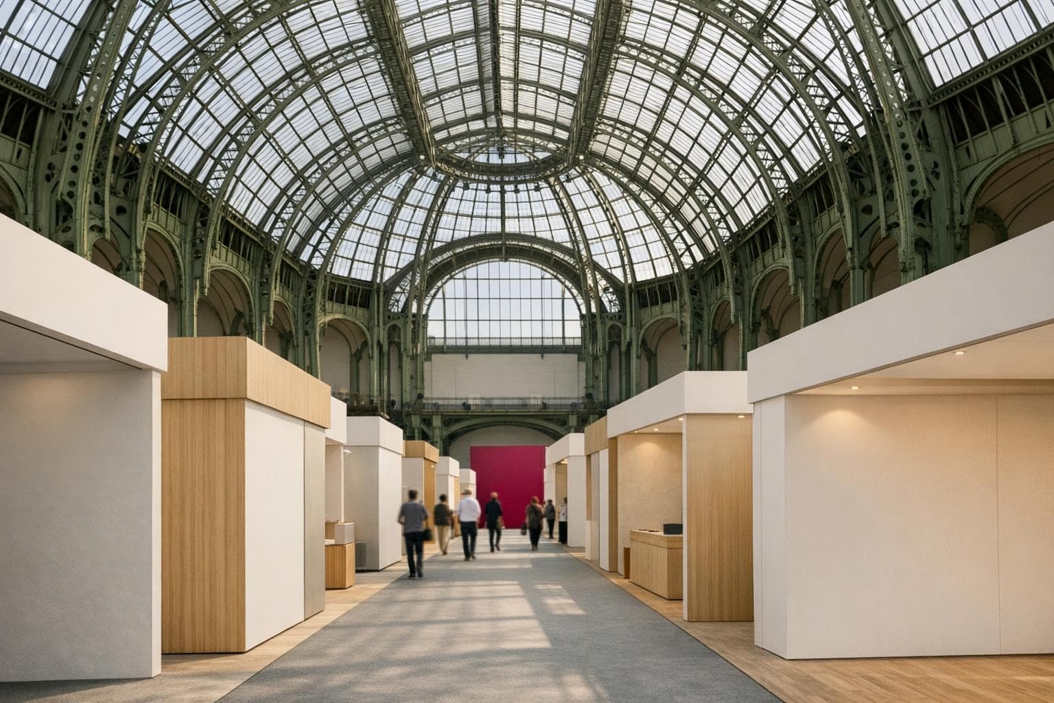 Verrière d’un grand hall d’exposition parisien, allée en perspective, stands anonymes