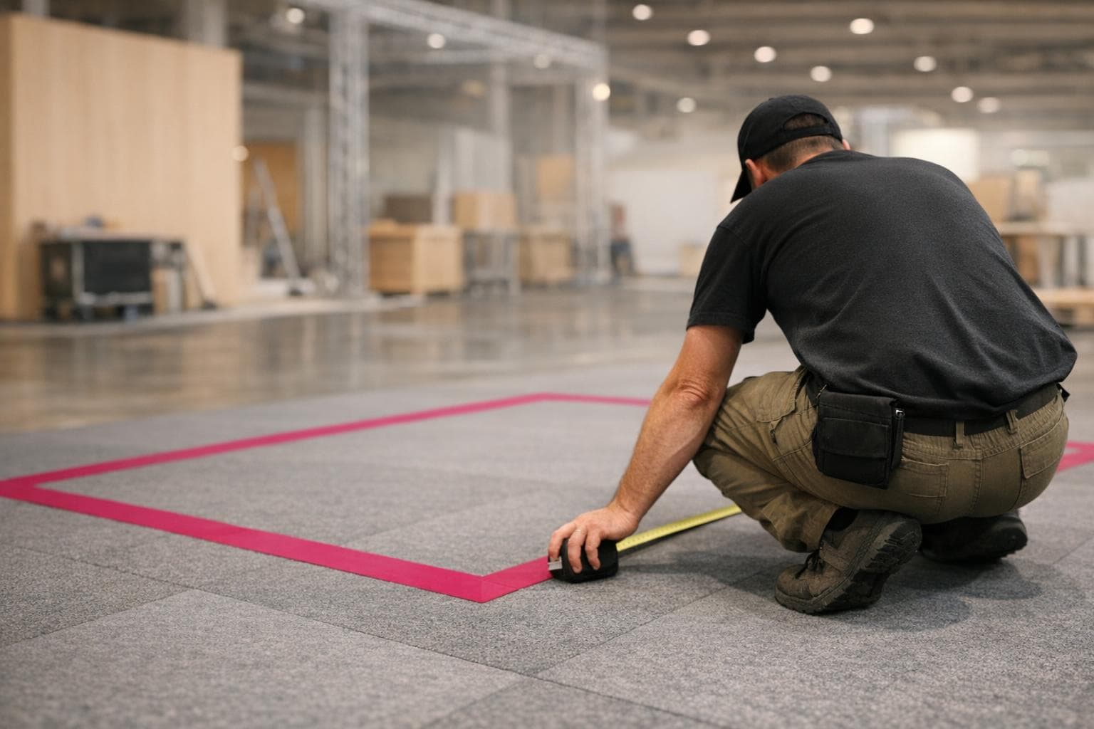 Emprise d’un stand tracée au sol à l’adhésif magenta dans un hall en montage