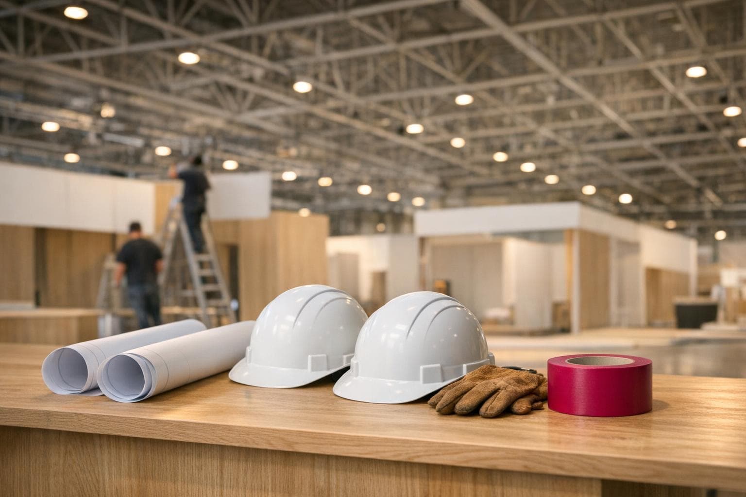 Table de chantier dans un hall : plans roulés, casques blancs, gants de travail