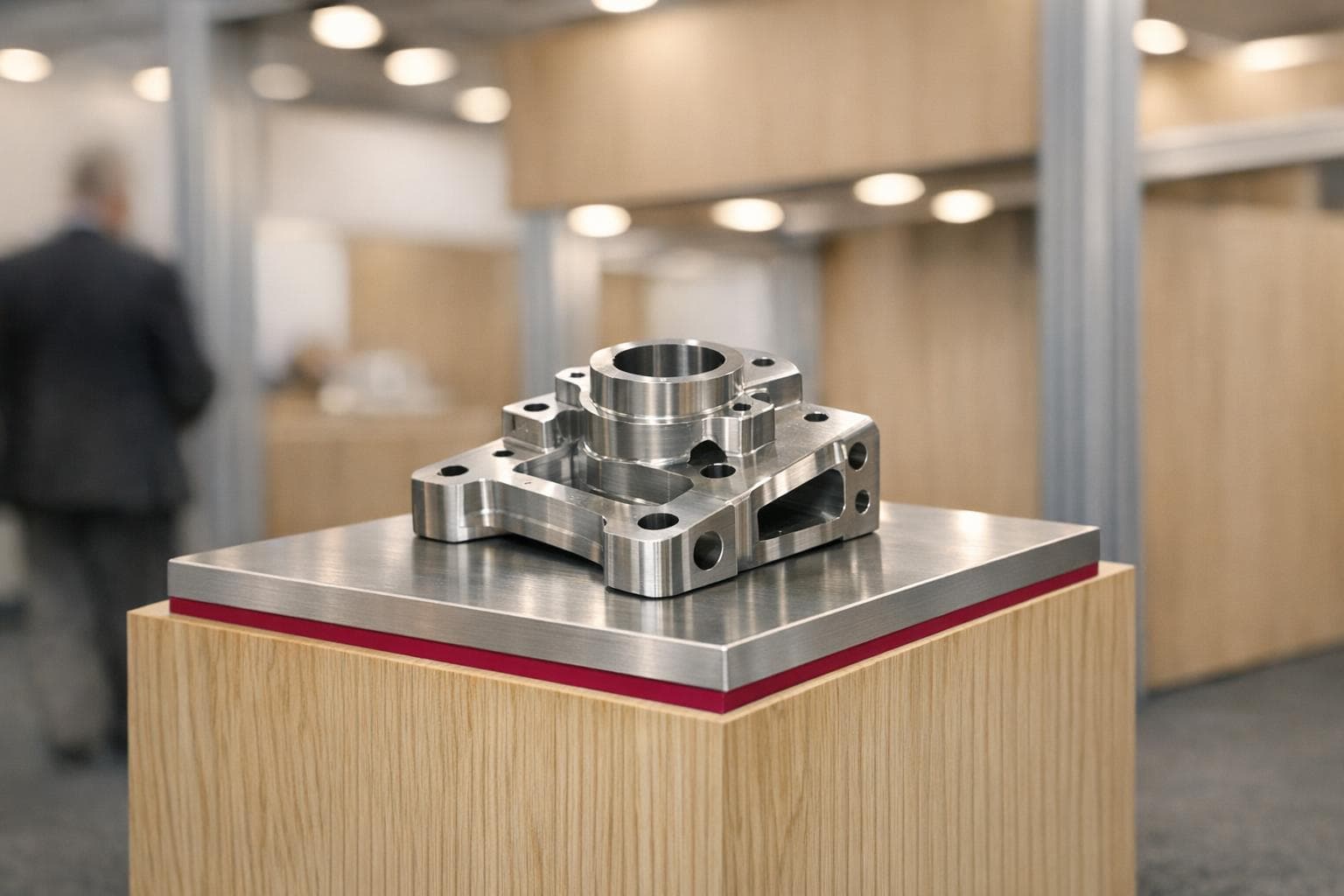 Pièce mécanique présentée sur un socle bois, stand robuste en arrière-plan flou