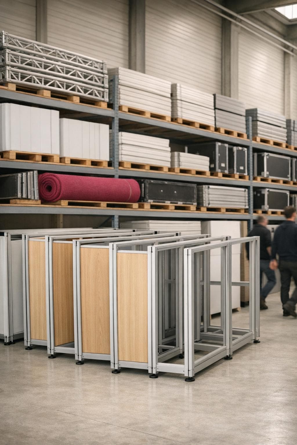 Le parc en stockage : bases réutilisables alignées en entrepôt, moquette magenta roulée