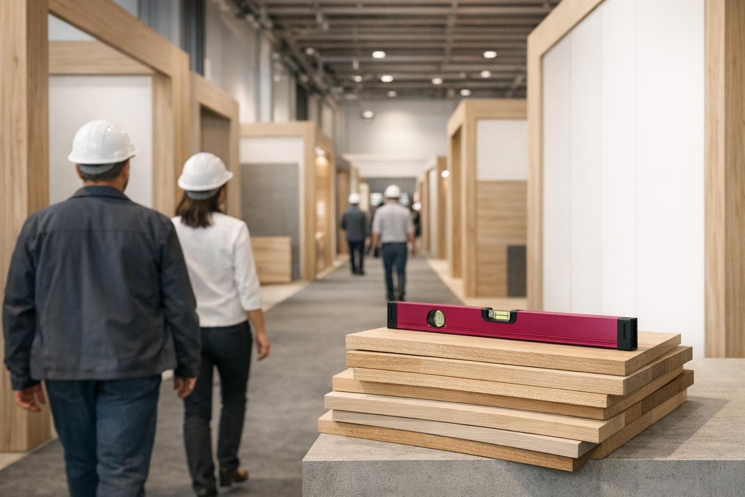 Hall de la construction : ossatures chêne, visiteurs casqués de dos