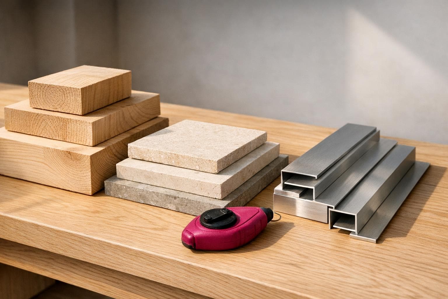 Établi chêne : sections de bois, carreaux de pierre, profilés aluminium