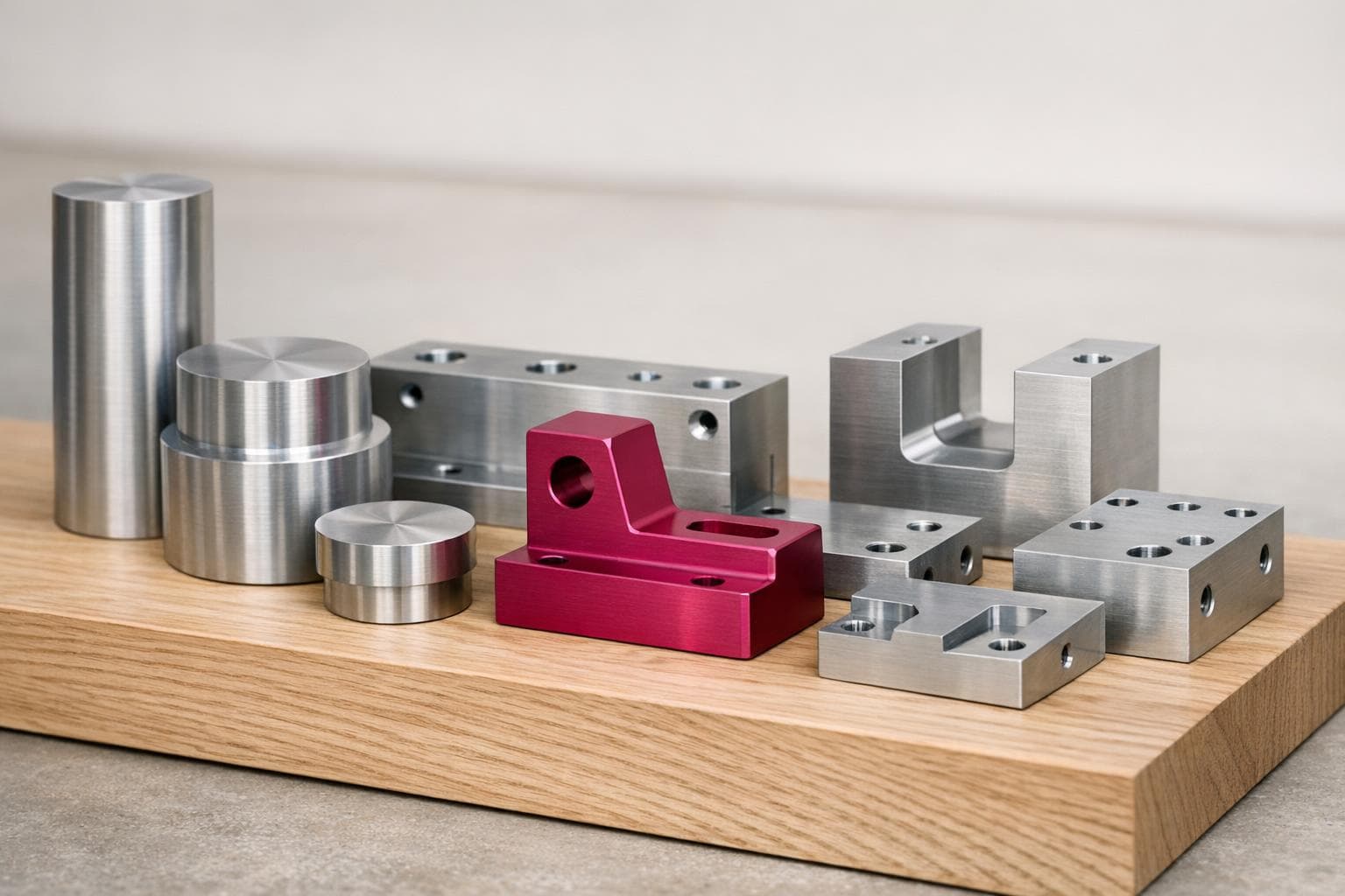Pièces d'aluminium usinées sur socle chêne, lumière rasante