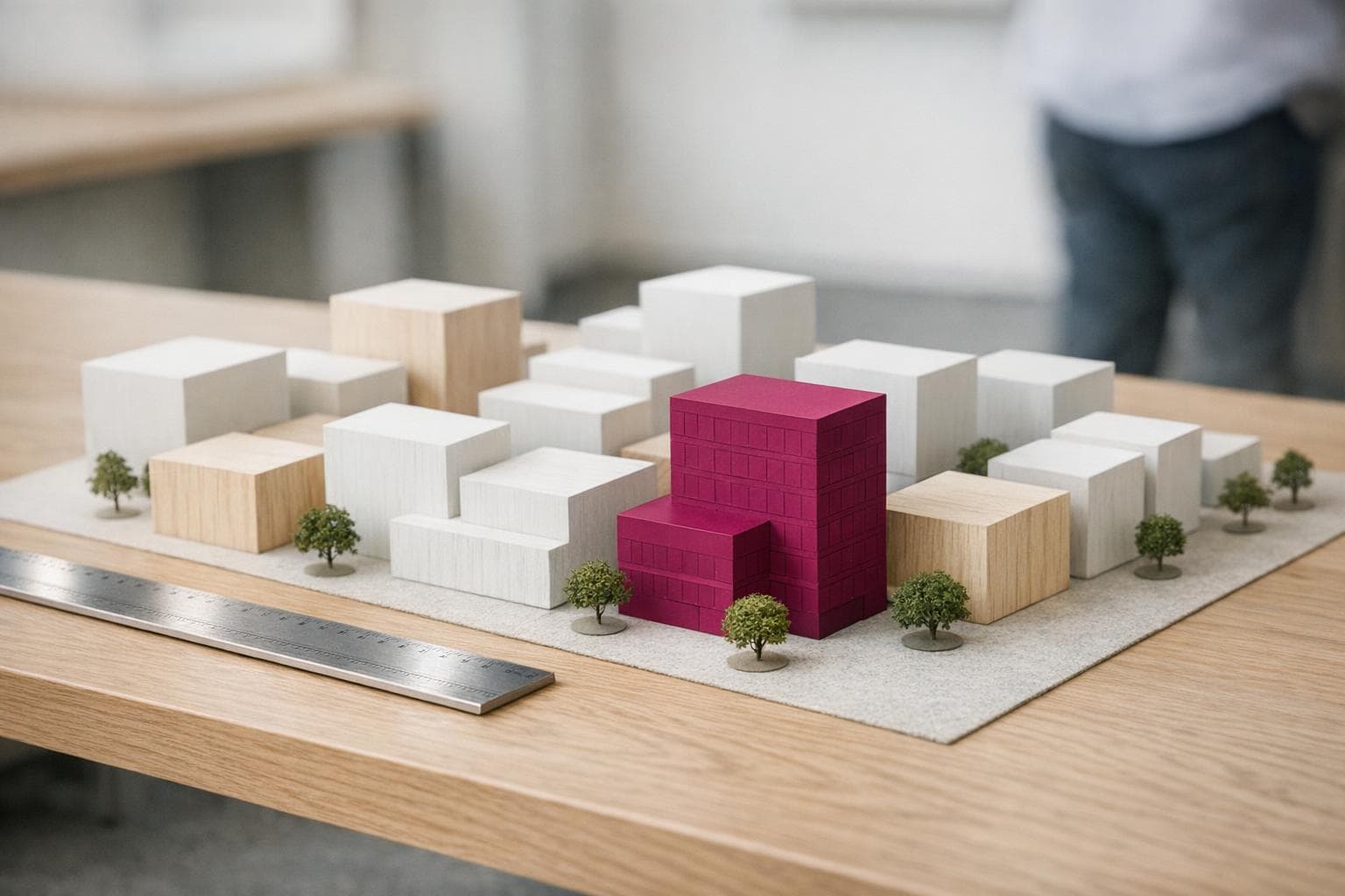 Maquette blanche d'un quartier de bureaux sur table chêne