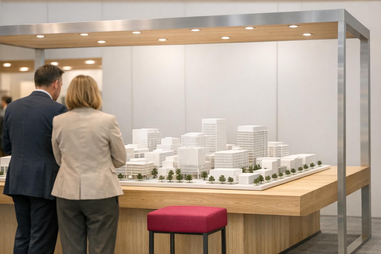 Salon de l'immobilier d'entreprise : maquette d'un quartier de bureaux sur table chêne