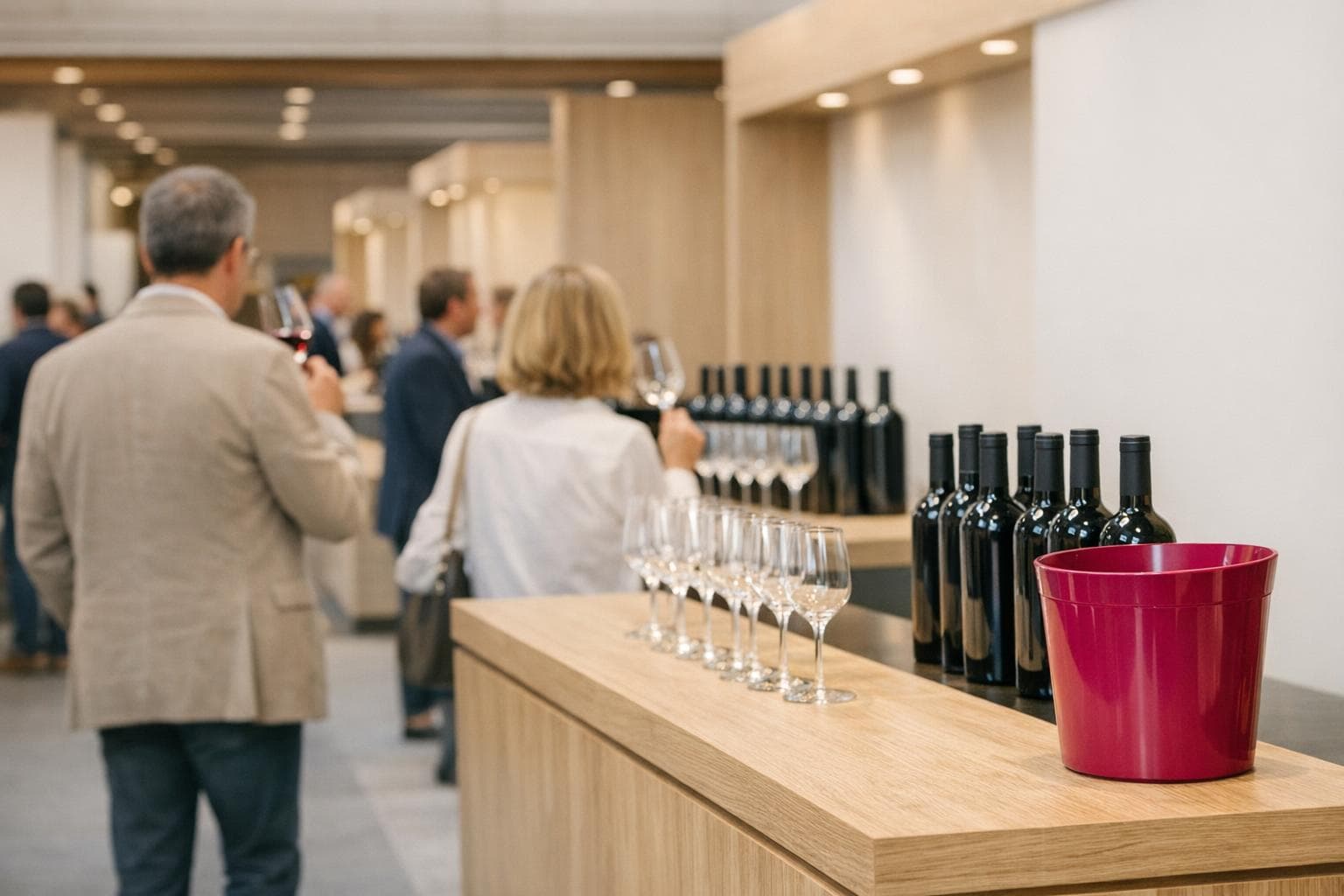 Allée d'un salon des vins : bars de dégustation en chêne, verres et bouteilles