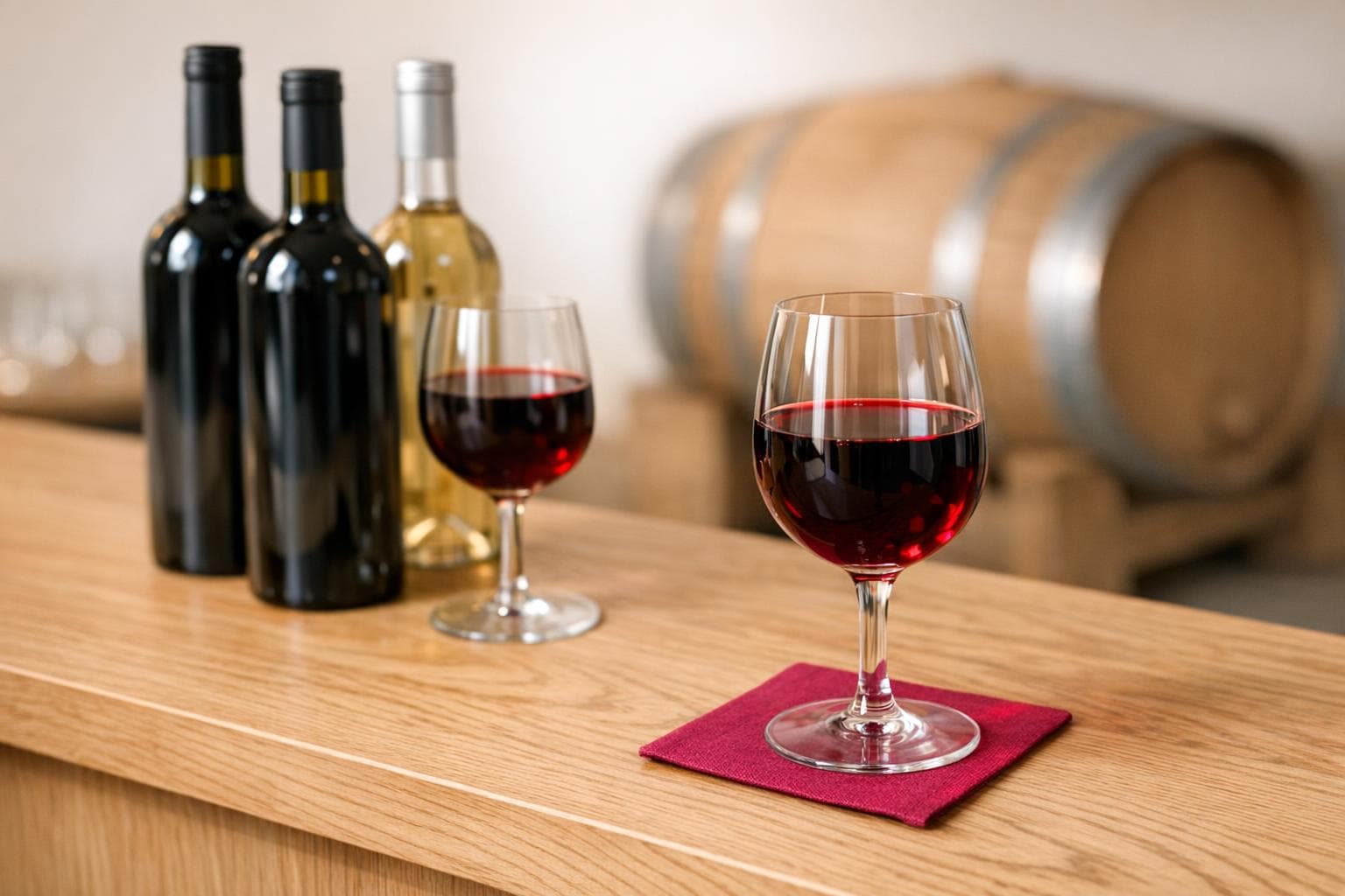 Bouteilles sans étiquette et verres sur bar chêne, barrique en arrière-plan