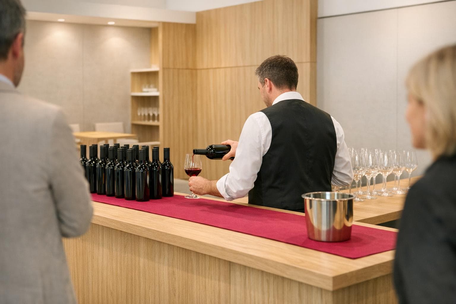 Salon des vins : bar de dégustation en chêne, bouteilles sans étiquette