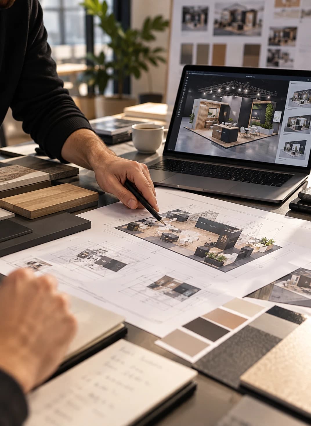 A stand plan annotated in pencil, its 3D model on screen, and material samples